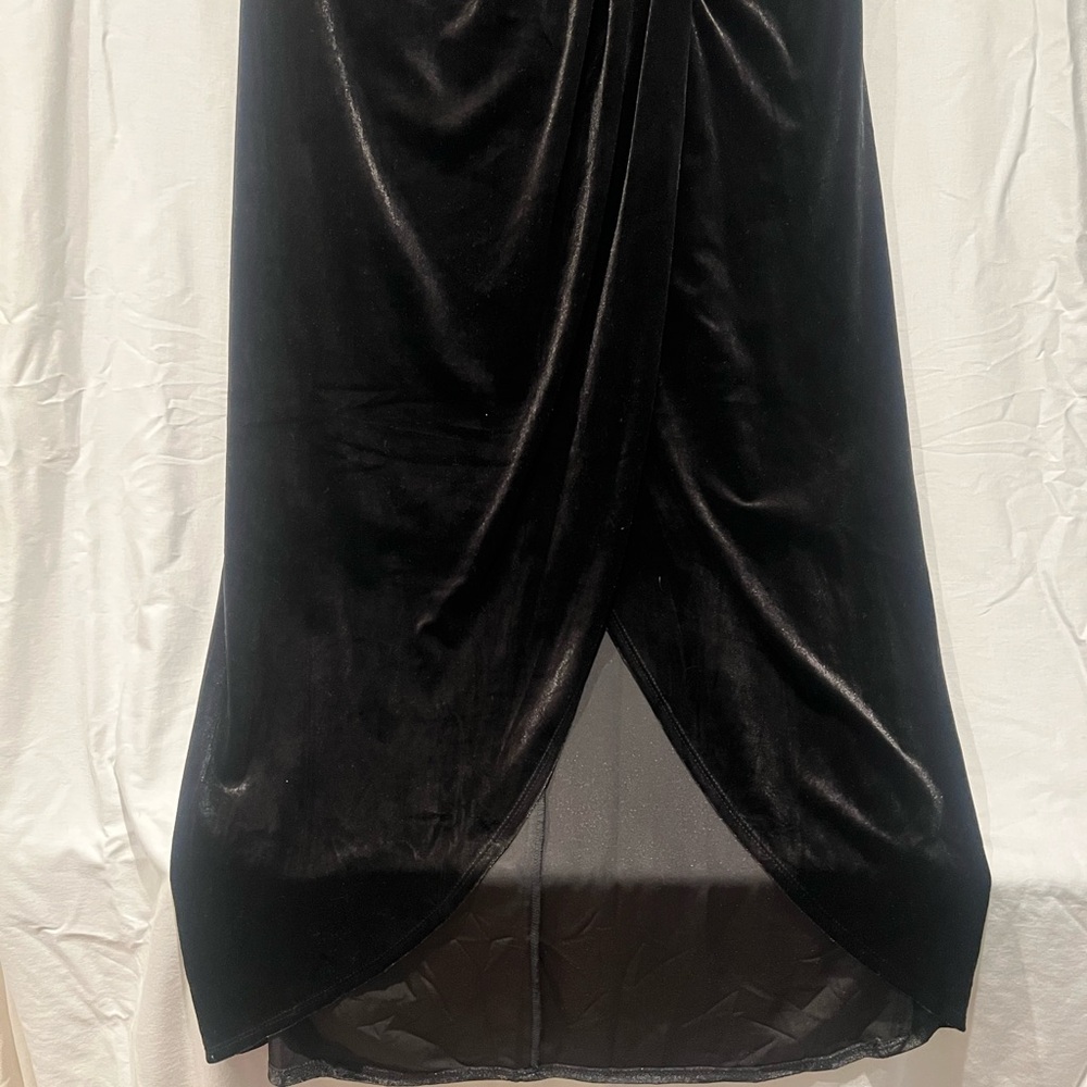 Maia Black Brown Velvet Front Slit Halter Twist Neck Maxi High Low midi Dress - Picture 4 of 11
